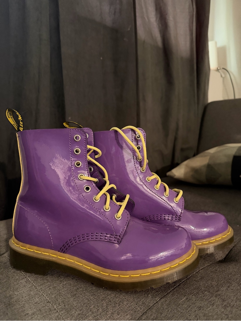 Dr. Martens Purple Patent 8-Eye Lace-Up Boots with Yellow Accents